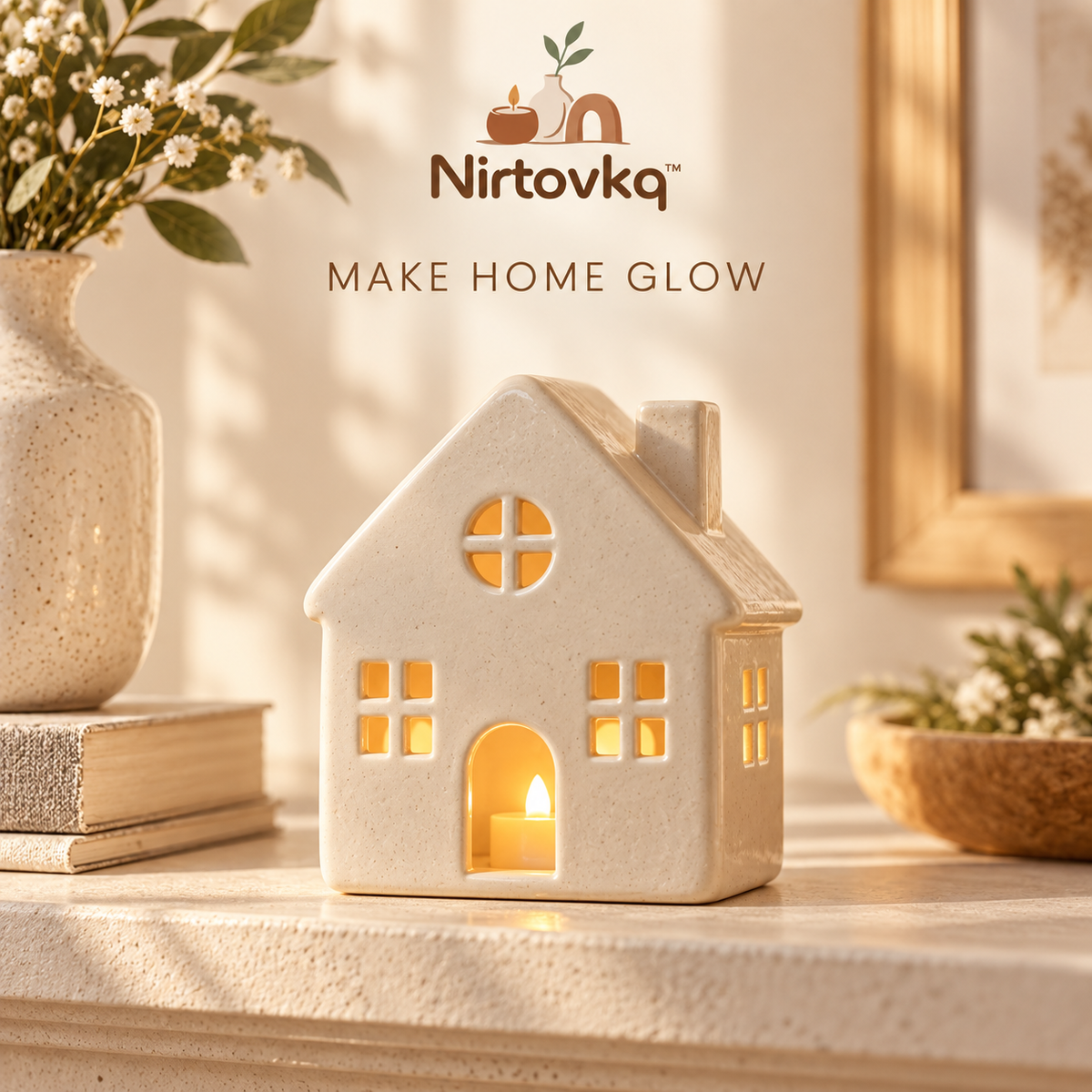 Nirtovkq™ Little House Ceramic Tealight Holder – Cozy Cottage Lantern, Mantel and Table Decor