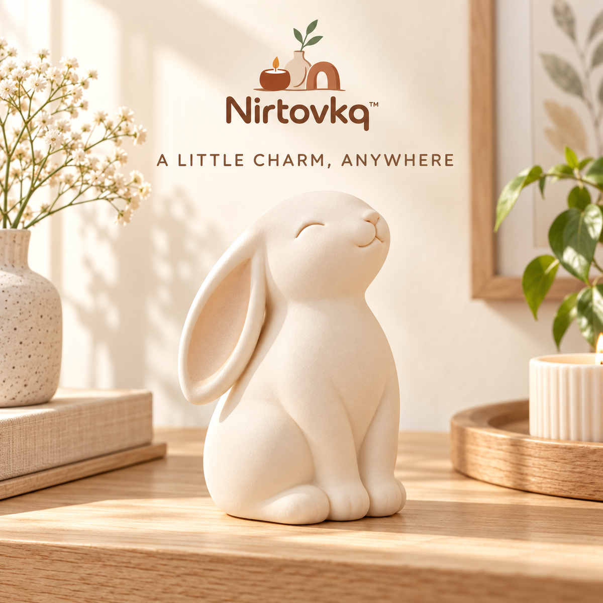 Nirtovkq™ Cozy Bunny Ceramic Figurine – Minimalist Rabbit Statue, Neutral Shelf and Tabletop Decor