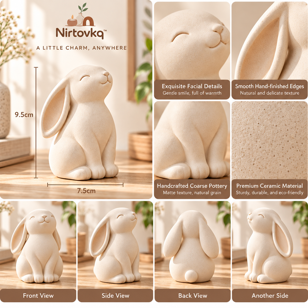 Nirtovkq™ Cozy Bunny Ceramic Figurine – Minimalist Rabbit Statue, Neutral Shelf and Tabletop Decor