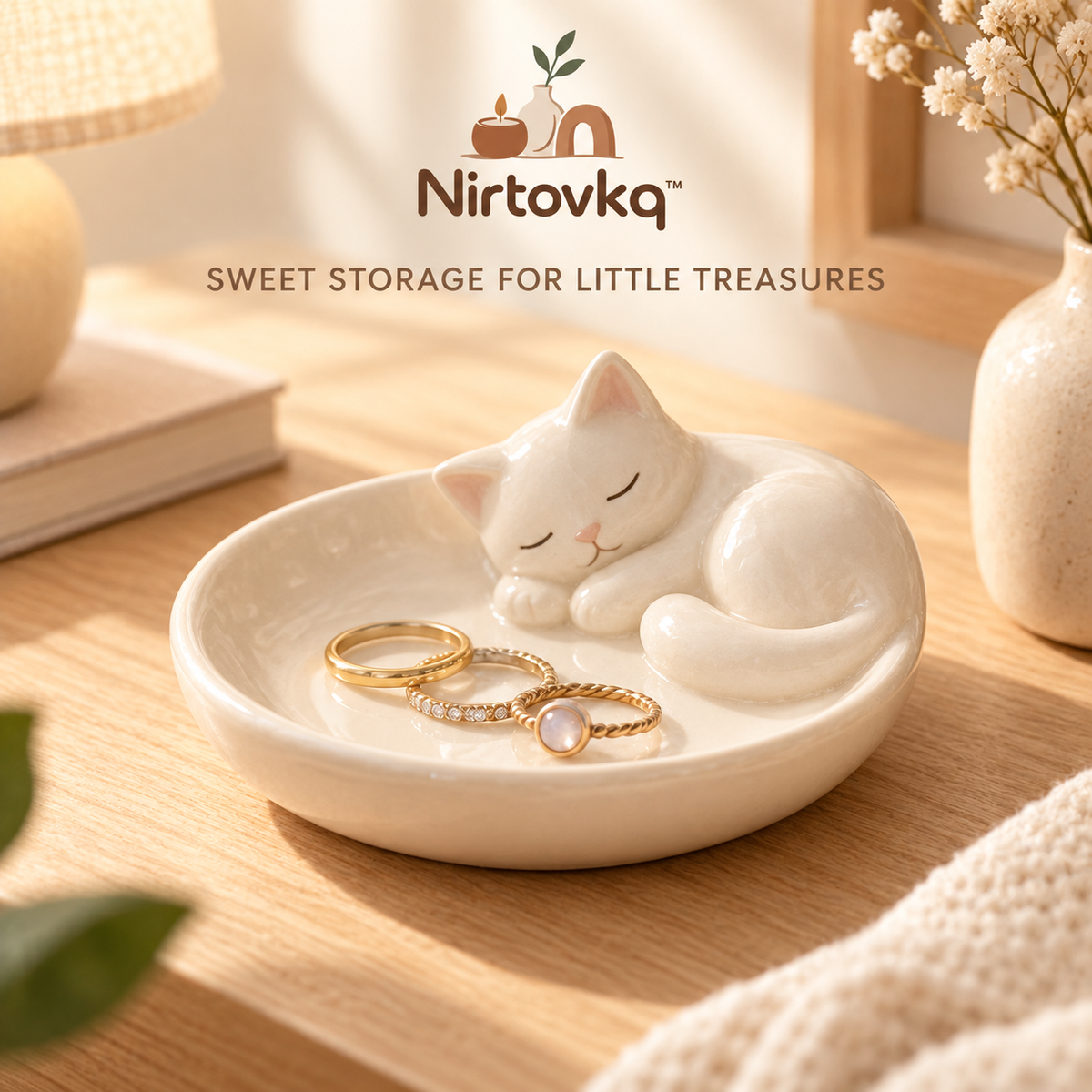 Nirtovkq™ Sleepy Cat Ceramic Ring Dish – Cute Jewelry Tray, Trinket Holder and Bedside Organizer