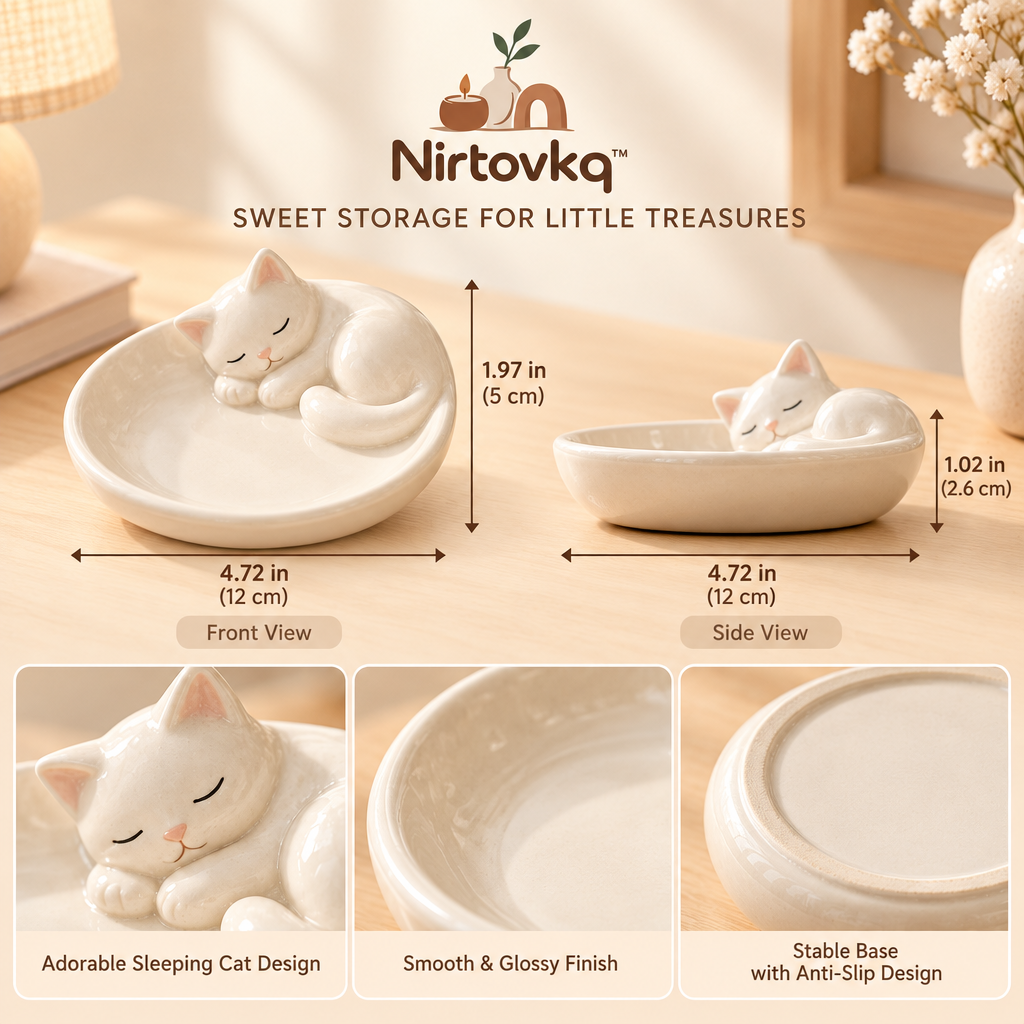 Nirtovkq™ Sleepy Cat Ceramic Ring Dish – Cute Jewelry Tray, Trinket Holder and Bedside Organizer