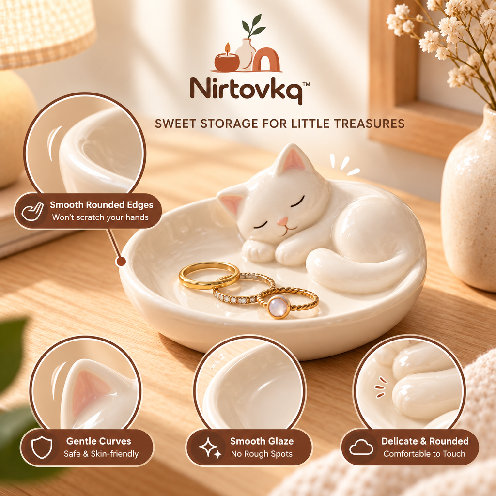 Nirtovkq™ Sleepy Cat Ceramic Ring Dish – Cute Jewelry Tray, Trinket Holder and Bedside Organizer