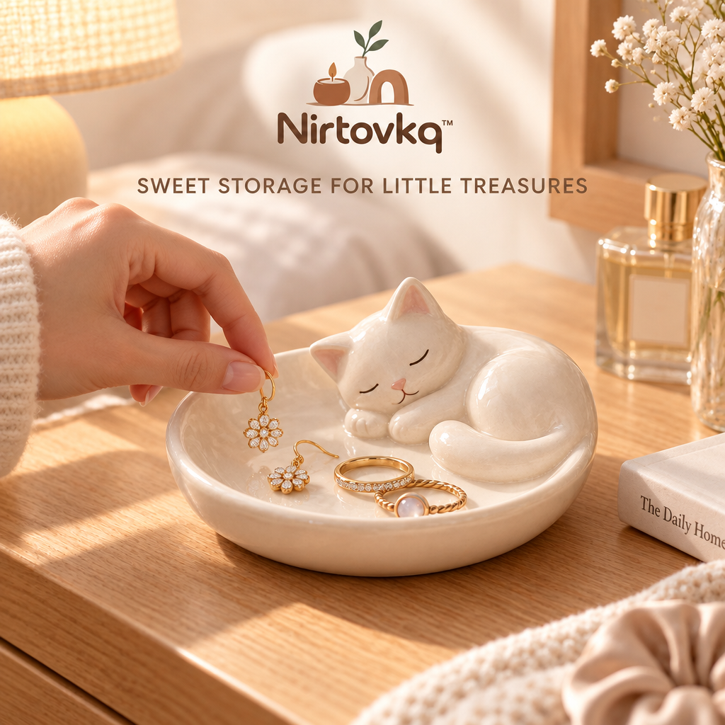 Nirtovkq™ Sleepy Cat Ceramic Ring Dish – Cute Jewelry Tray, Trinket Holder and Bedside Organizer