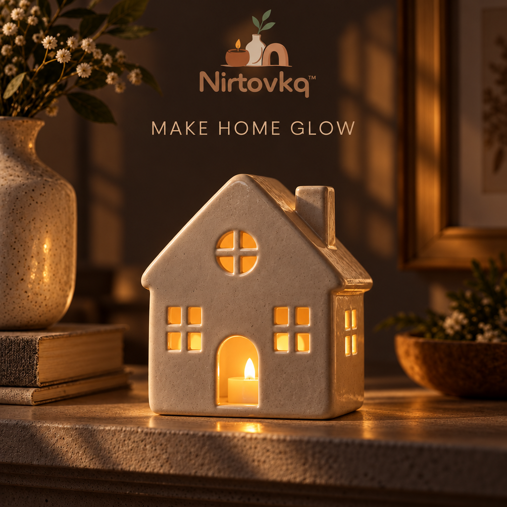 Nirtovkq™ Little House Ceramic Tealight Holder – Cozy Cottage Lantern, Mantel and Table Decor