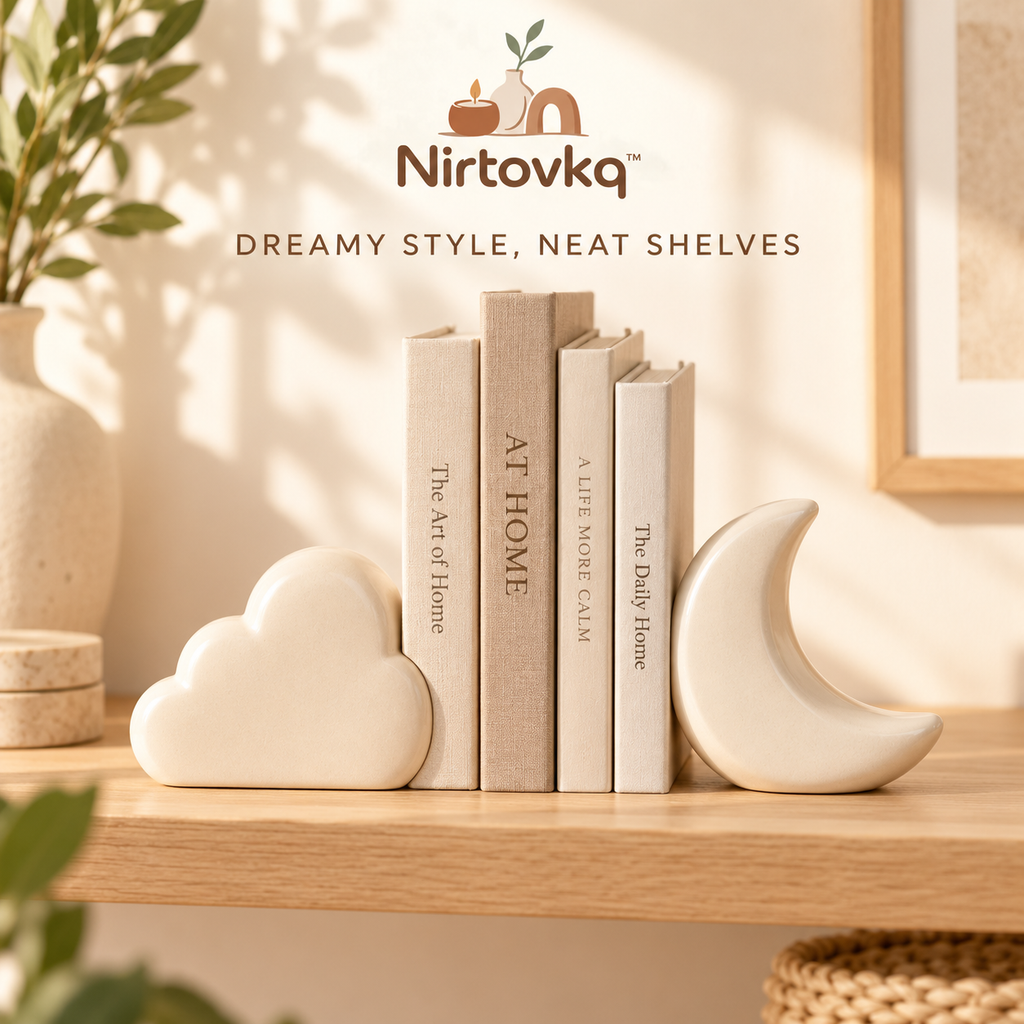 Nirtovkq™ Cloud and Moon Bookend Set – Neutral Bookshelf Decor, Reading Nook and Bedroom Accents