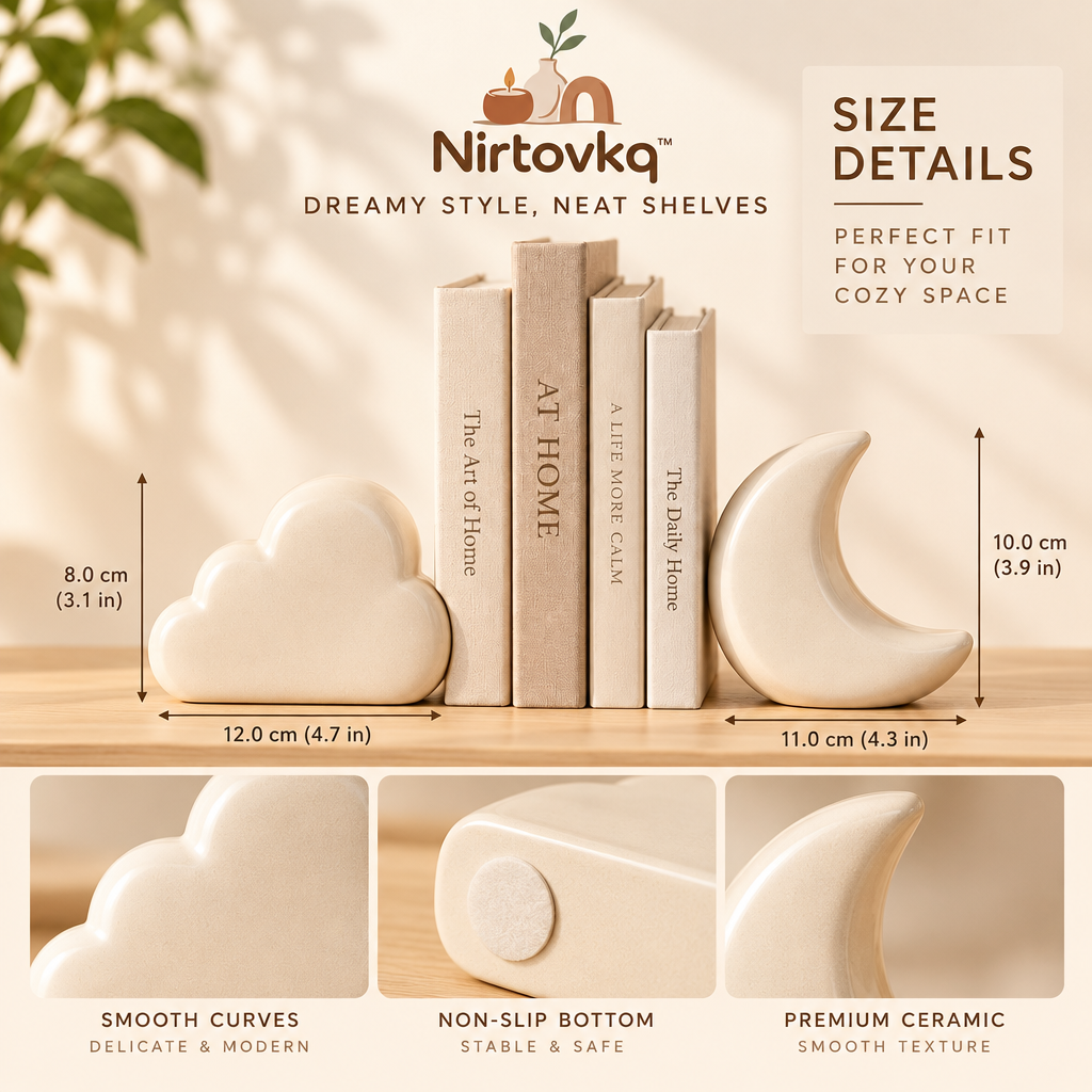 Nirtovkq™ Cloud and Moon Bookend Set – Neutral Bookshelf Decor, Reading Nook and Bedroom Accents