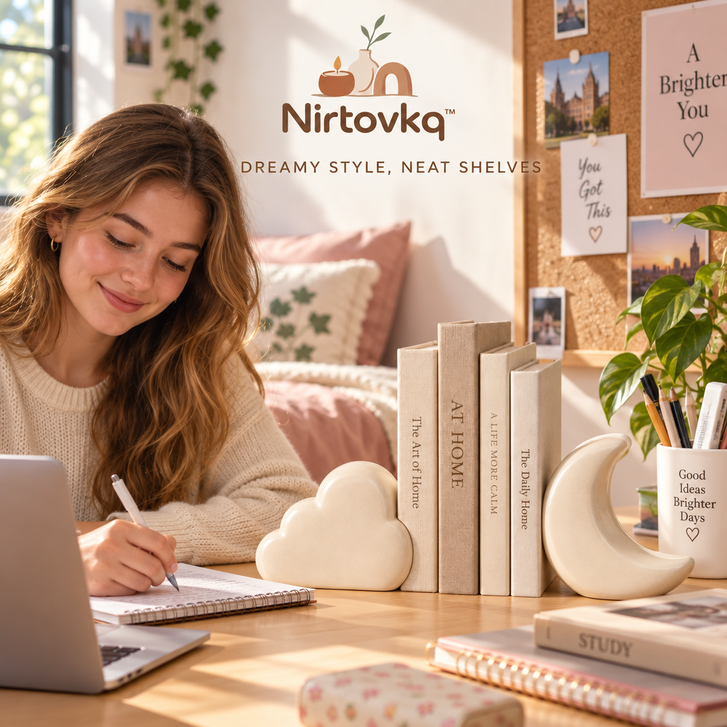 Nirtovkq™ Cloud and Moon Bookend Set – Neutral Bookshelf Decor, Reading Nook and Bedroom Accents