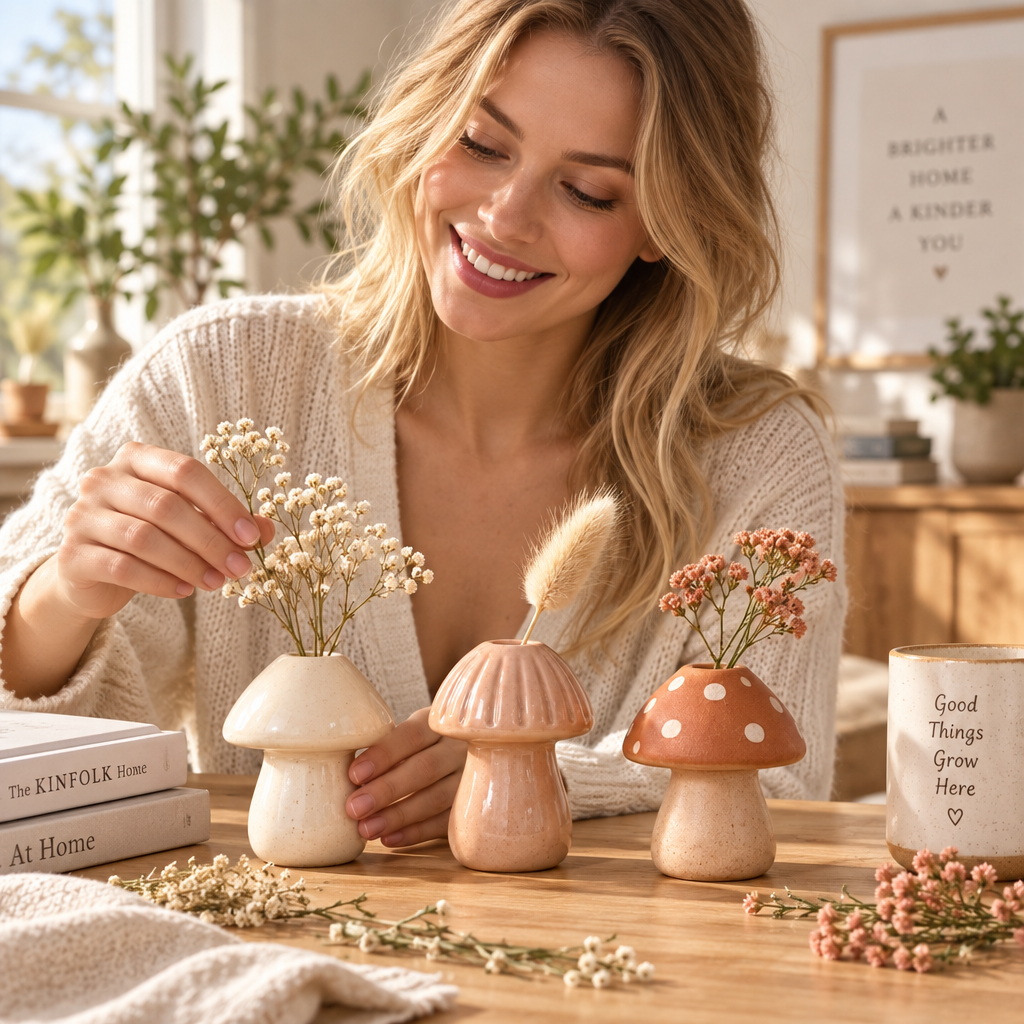 Nirtovkq™ Mushroom Bud Vase Set of 3 – Mini Ceramic Vases, Cottagecore Table and Shelf Decor