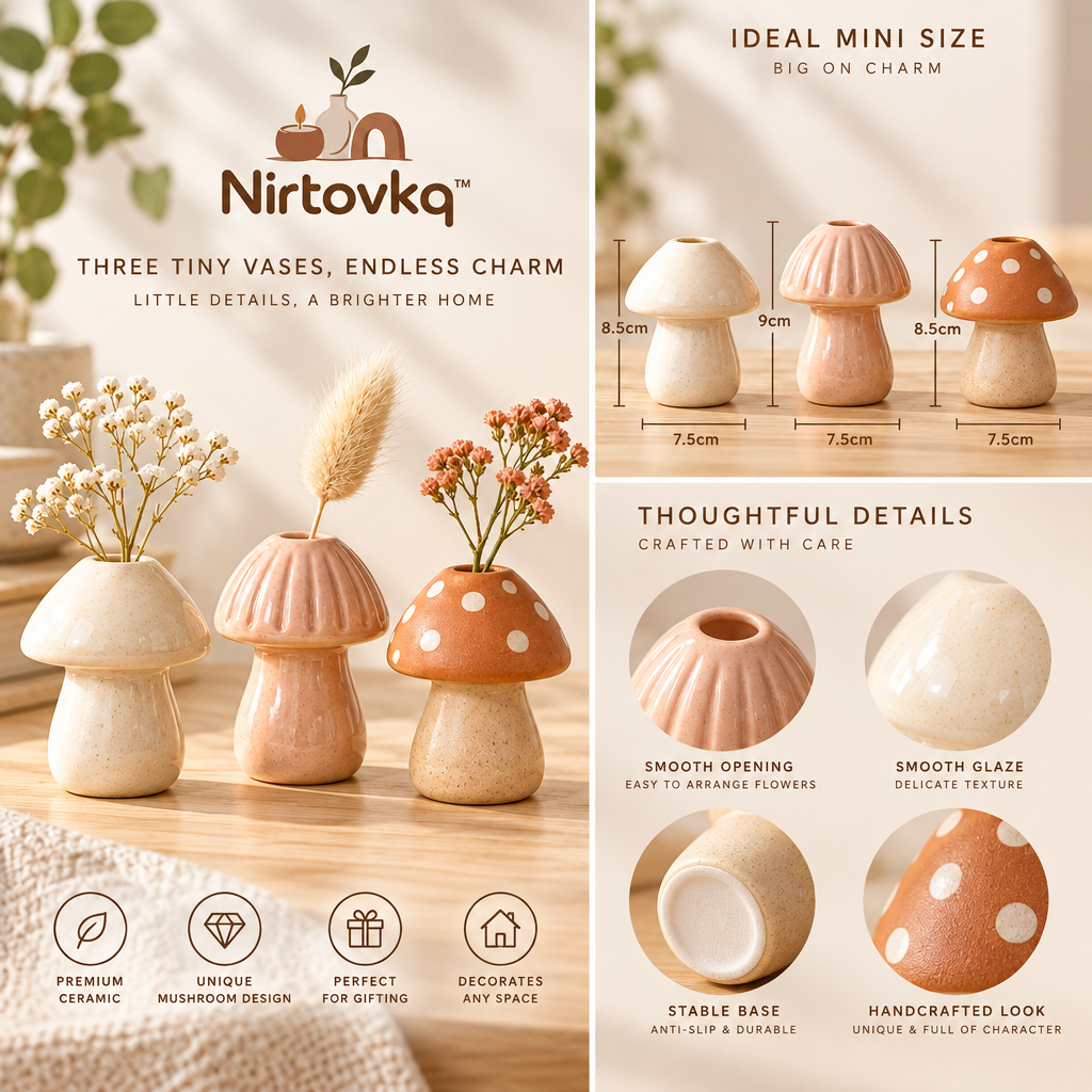 Nirtovkq™ Mushroom Bud Vase Set of 3 – Mini Ceramic Vases, Cottagecore Table and Shelf Decor