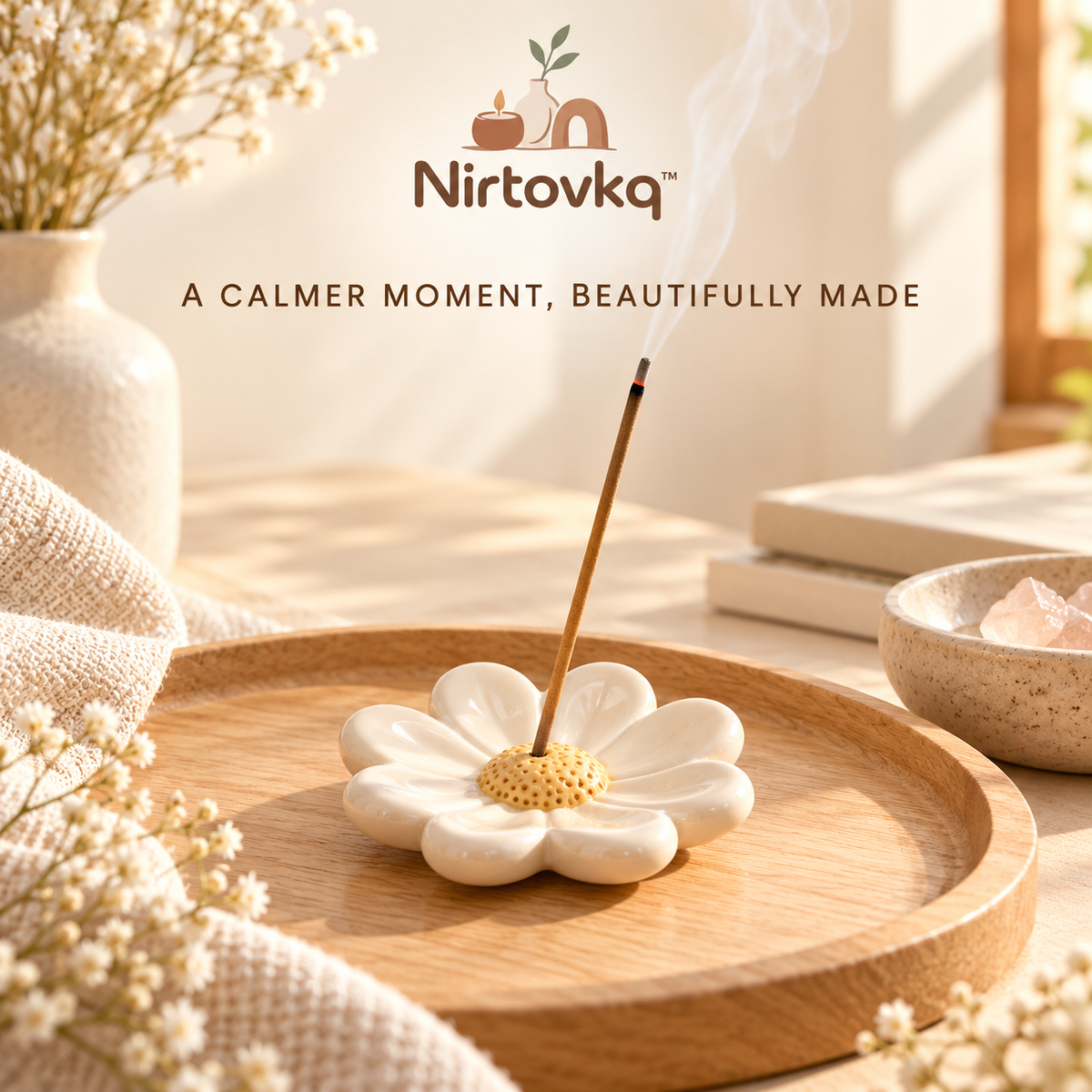 Nirtovkq™ Daisy Ceramic Incense Holder – Floral Incense Tray, Cozy Desk and Shelf Accent