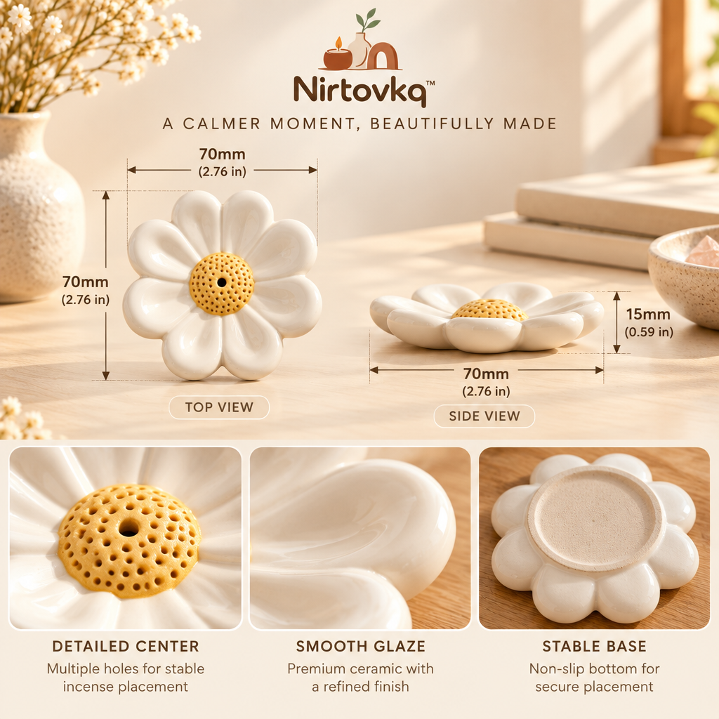 Nirtovkq™ Daisy Ceramic Incense Holder – Floral Incense Tray, Cozy Desk and Shelf Accent