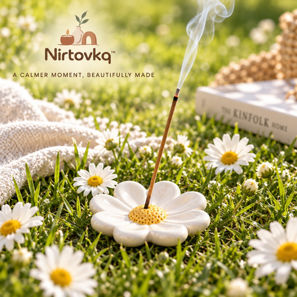 Nirtovkq™ Daisy Ceramic Incense Holder – Floral Incense Tray, Cozy Desk and Shelf Accent