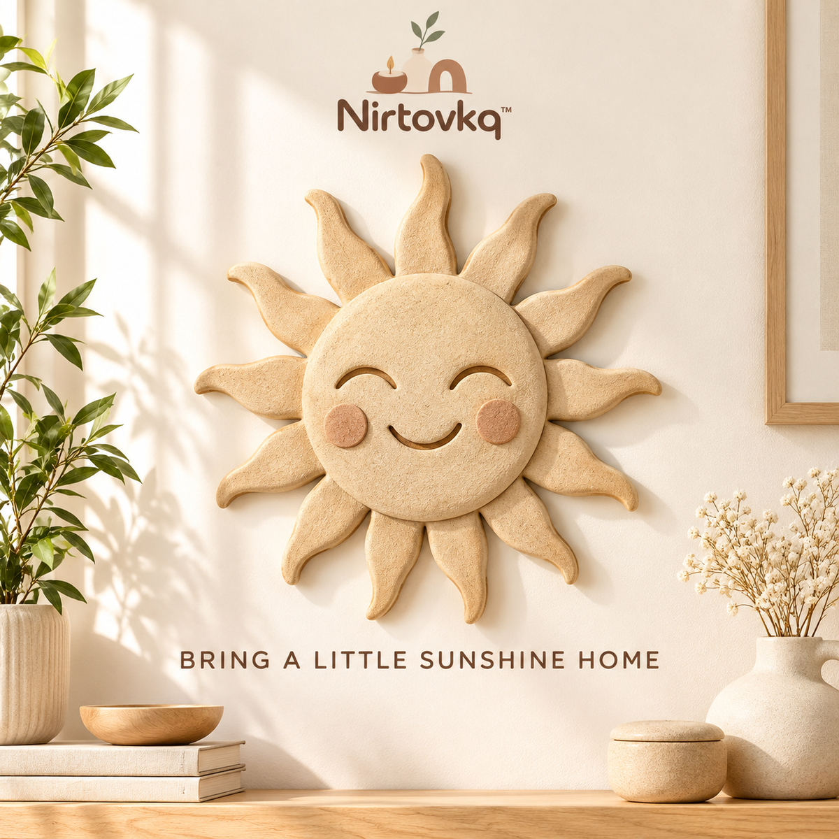 Nirtovkq™ Smiling Sun Wall Accent – Neutral Boho Wall Decor, Cozy Bedroom and Reading Nook Art