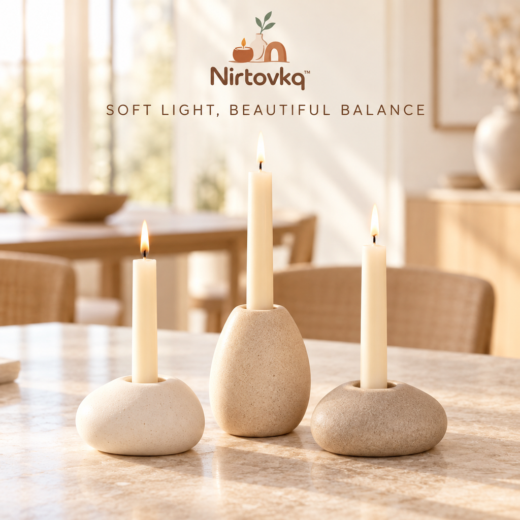 Nirtovkq™ Pebble Ceramic Candle Holder Trio – Organic Taper Candlesticks, Dining Table and Mantel Decor