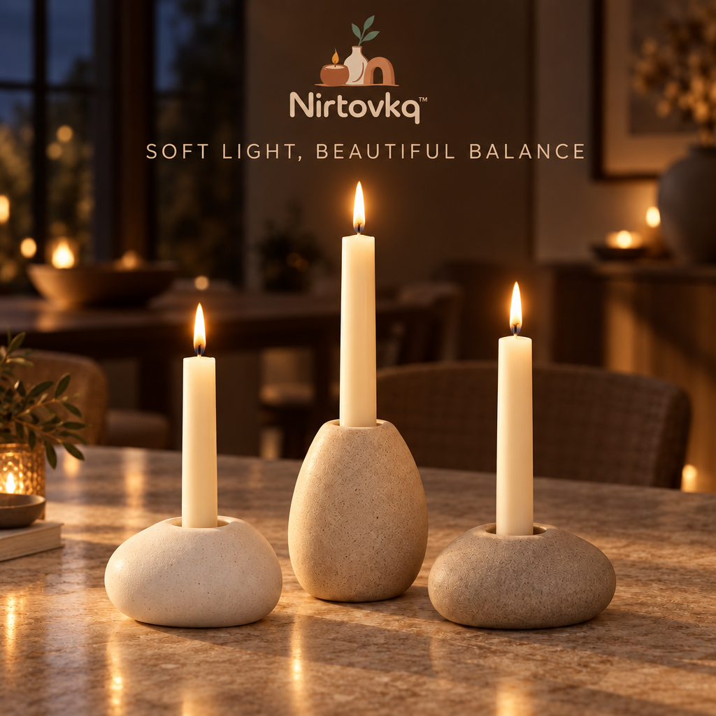 Nirtovkq™ Pebble Ceramic Candle Holder Trio – Organic Taper Candlesticks, Dining Table and Mantel Decor