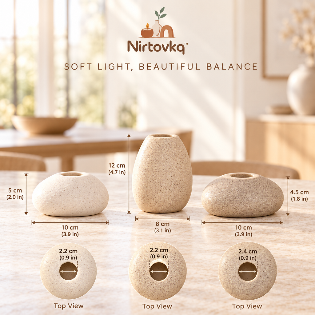Nirtovkq™ Pebble Ceramic Candle Holder Trio – Organic Taper Candlesticks, Dining Table and Mantel Decor