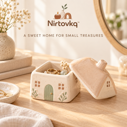 Nirtovkq™ Cottage Ceramic Keepsake Box – House-Shaped Trinket Storage, Jewelry Box and Shelf Decor
