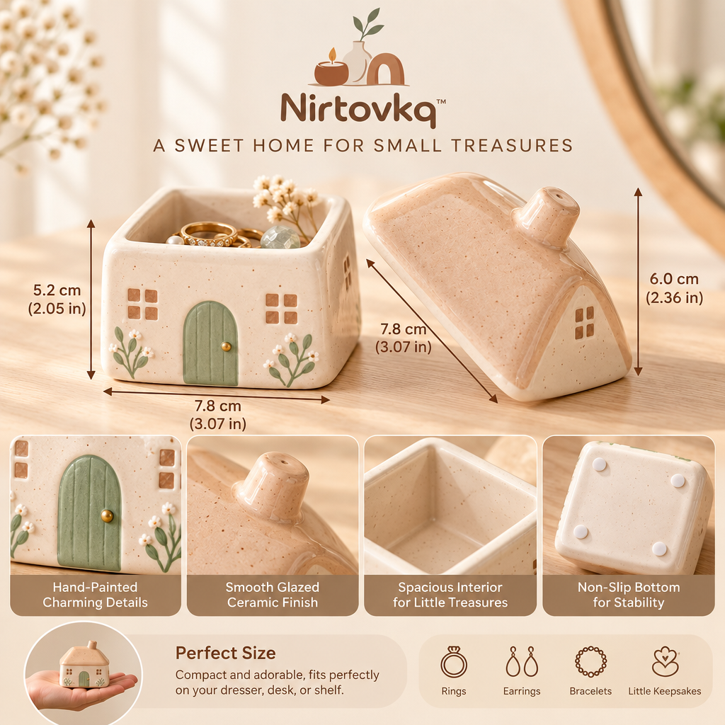 Nirtovkq™ Cottage Ceramic Keepsake Box – House-Shaped Trinket Storage, Jewelry Box and Shelf Decor