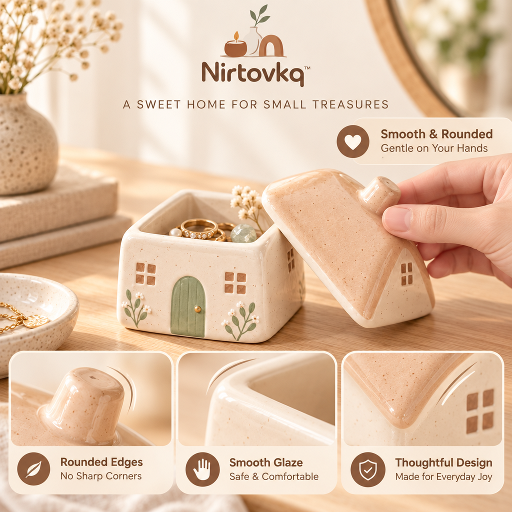 Nirtovkq™ Cottage Ceramic Keepsake Box – House-Shaped Trinket Storage, Jewelry Box and Shelf Decor