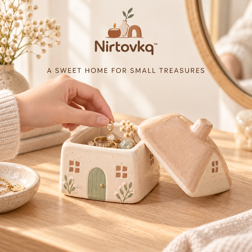 Nirtovkq™ Cottage Ceramic Keepsake Box – House-Shaped Trinket Storage, Jewelry Box and Shelf Decor