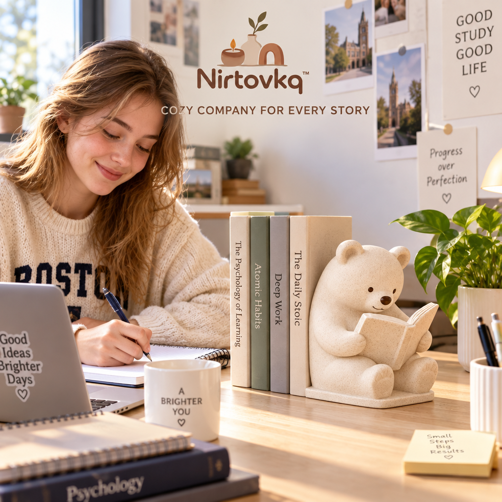 Nirtovkq™ Cozy Reading Bear Bookend – Cute Bear Figurine, Bookshelf Accent and Book Lover Gift