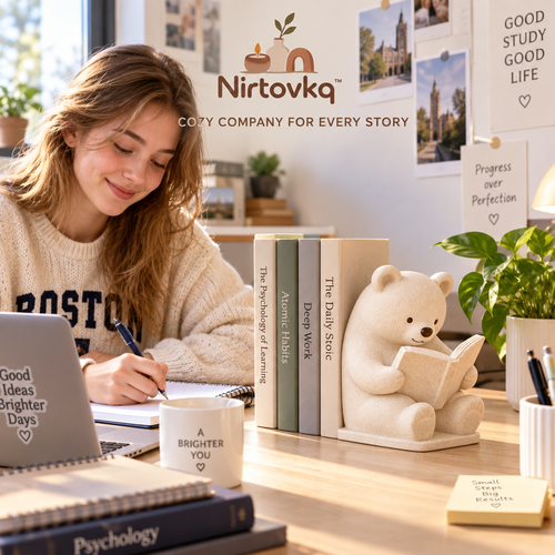Nirtovkq™ Cozy Reading Bear Bookend – Cute Bear Figurine, Bookshelf Accent and Book Lover Gift