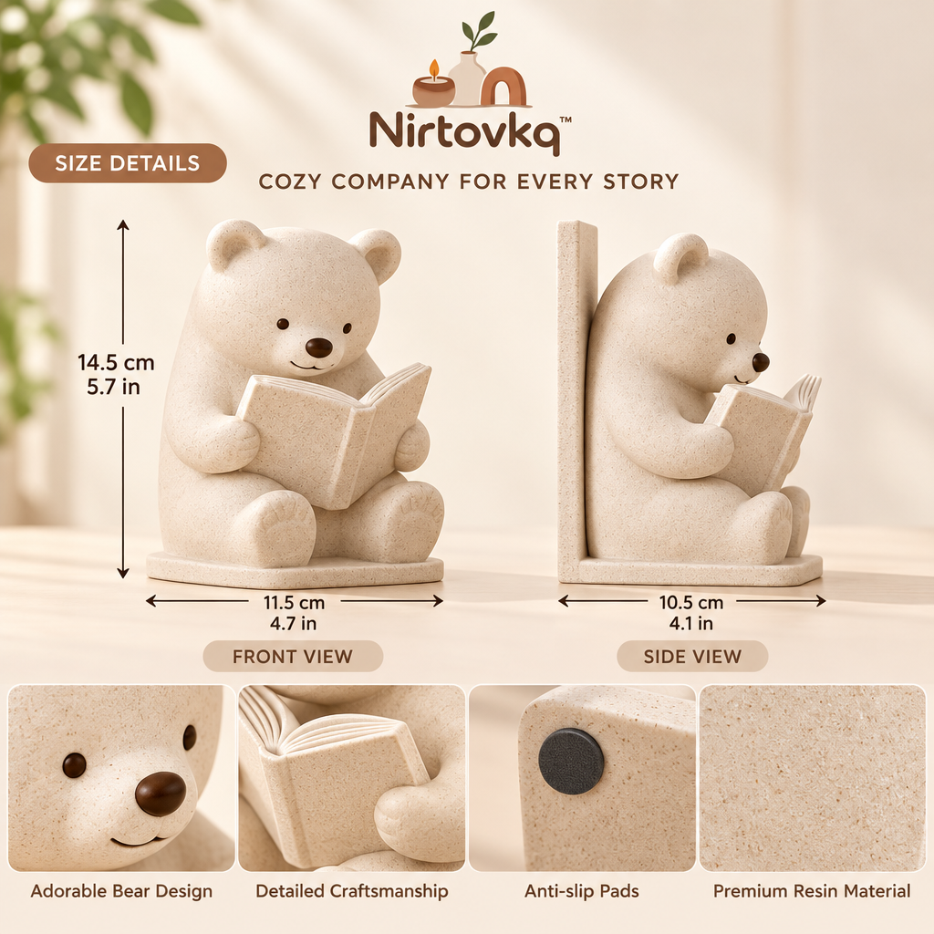 Nirtovkq™ Cozy Reading Bear Bookend – Cute Bear Figurine, Bookshelf Accent and Book Lover Gift