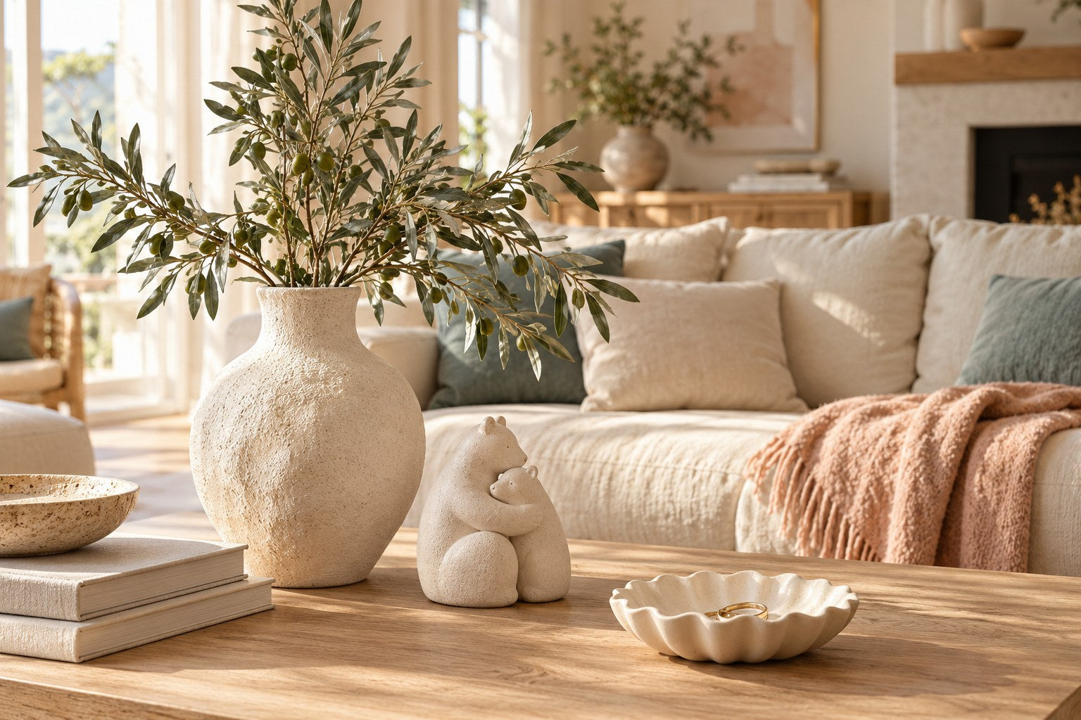 Ceramic home accents and olive branches in a softly lit living room